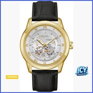 Gold Stainless Steel Automatic Watch with Leather Strap, 42mm